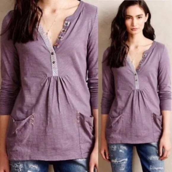 Anthropologie Tops - Anthropologie Little Yellow Button Calantha Tee Purple Pocket Long Sleeve Small